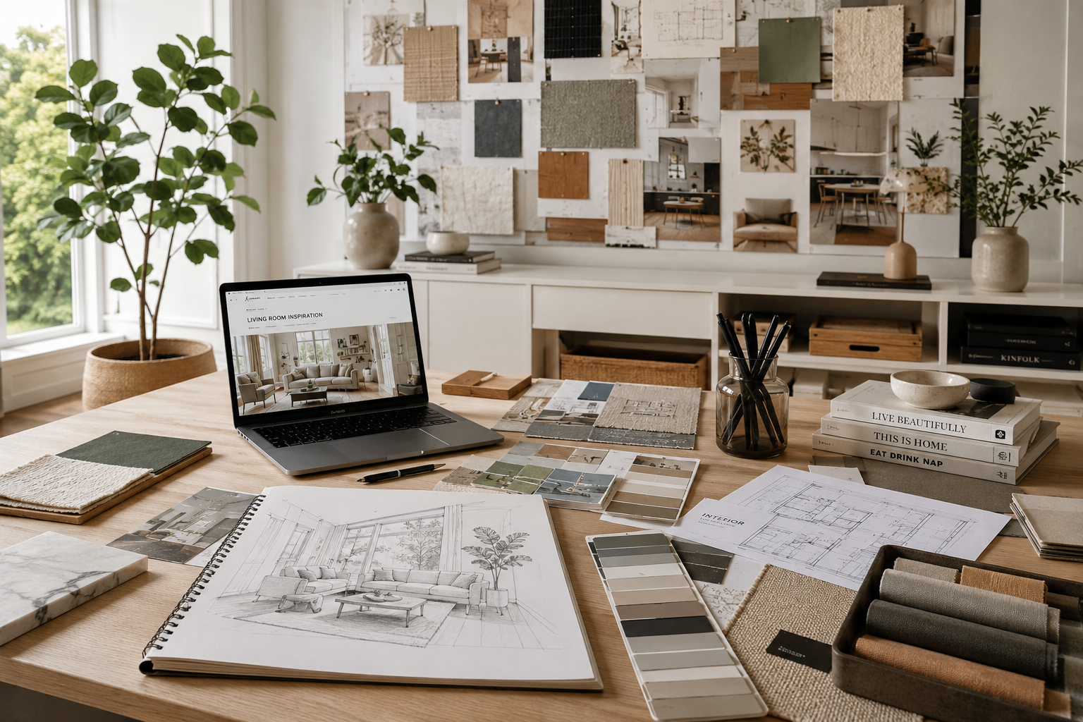 About Us Modern Scandinavian interior design workspace with mood boards, fabric samples, architectural sketches, and a laptop displaying home décor inspiration in a bright, minimalist office.