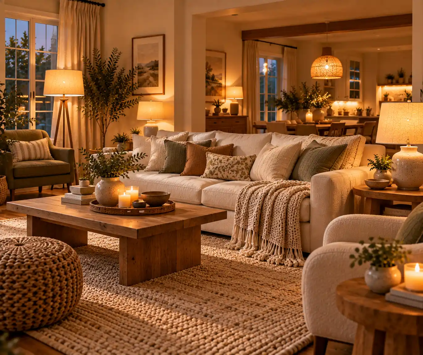 Cozy home interior with warm layered lighting and comfortable seating