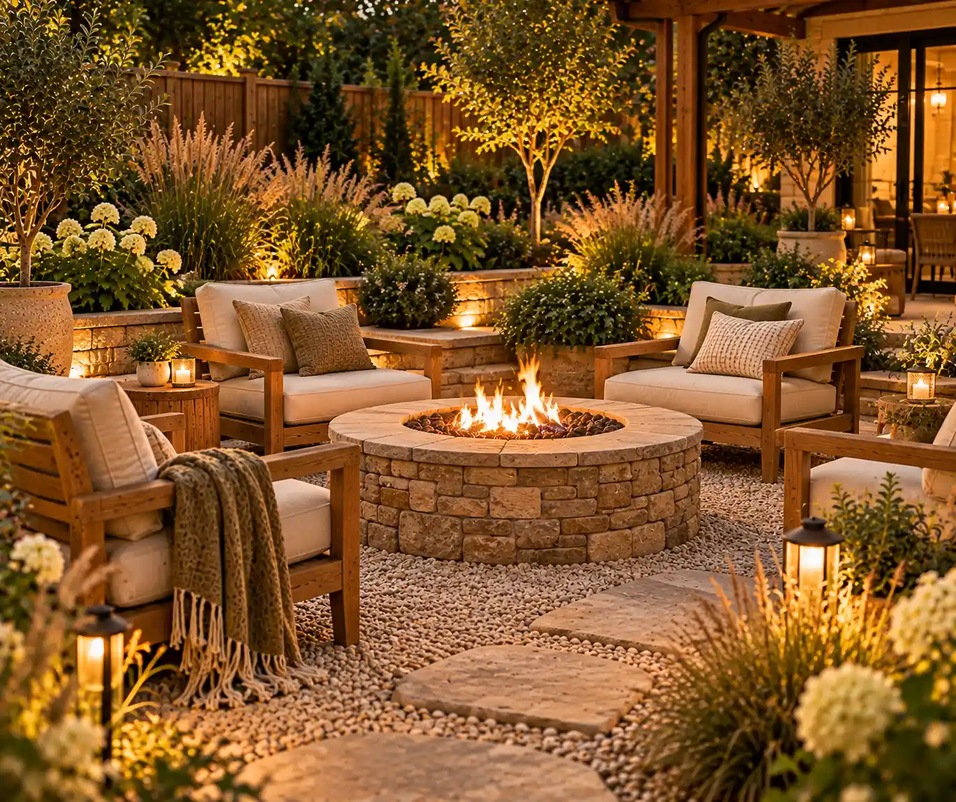Cozy backyard fire pit area with comfortable seating, stone surfaces, and greenery.