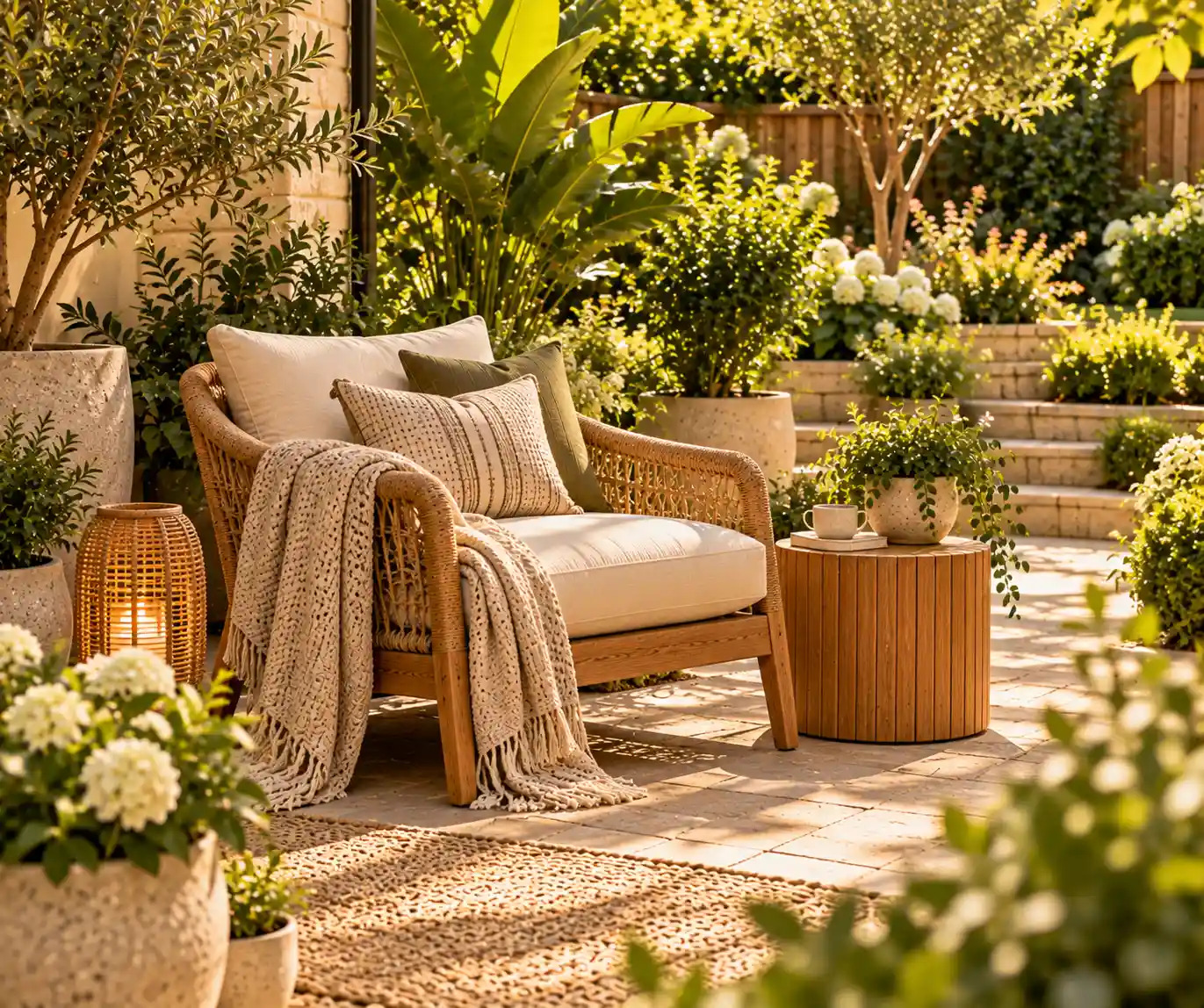 Quiet backyard relaxation corner with a woven lounge chair and greenery
