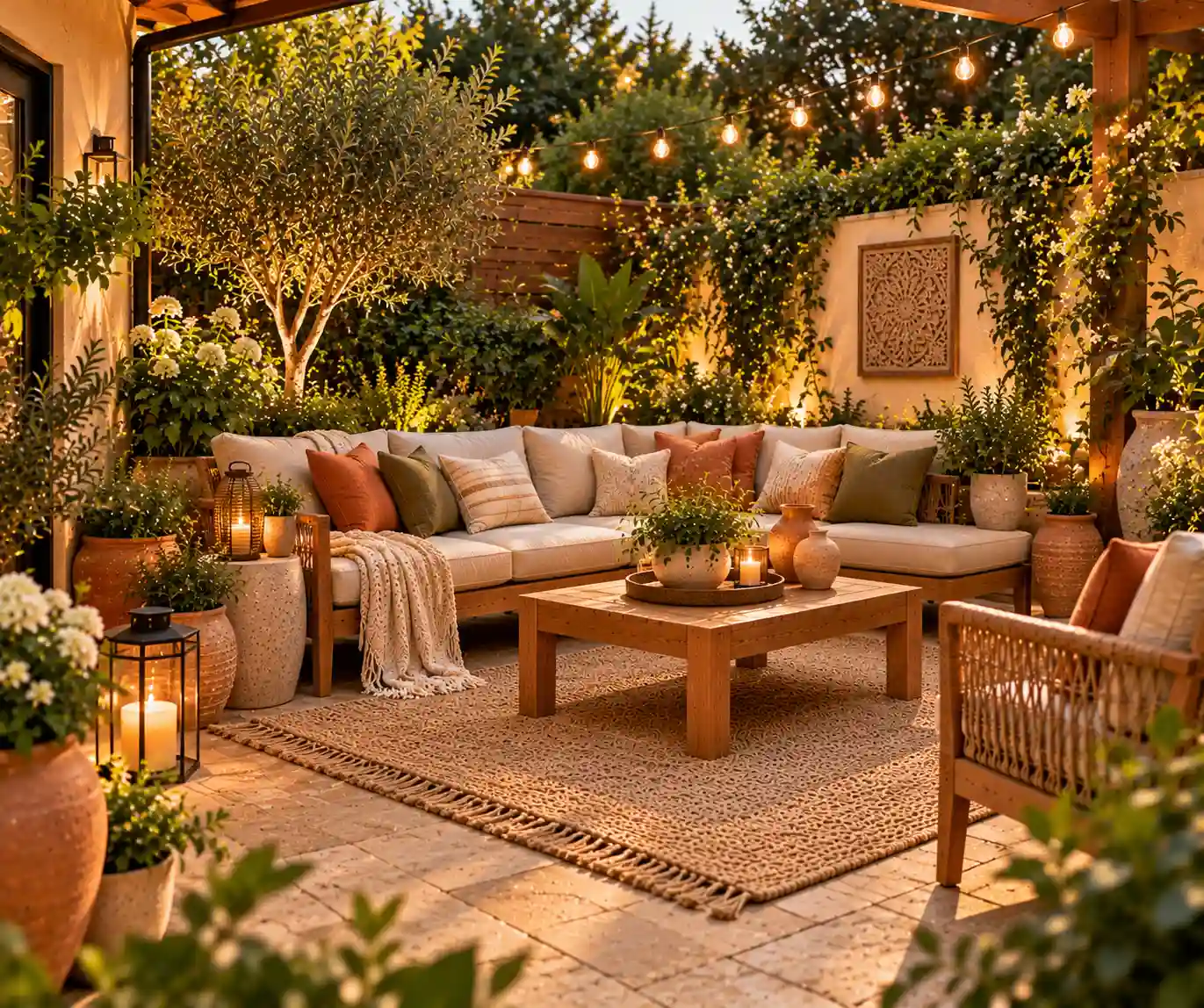 Personalized backyard with outdoor cushions, lanterns, planters, and greenery