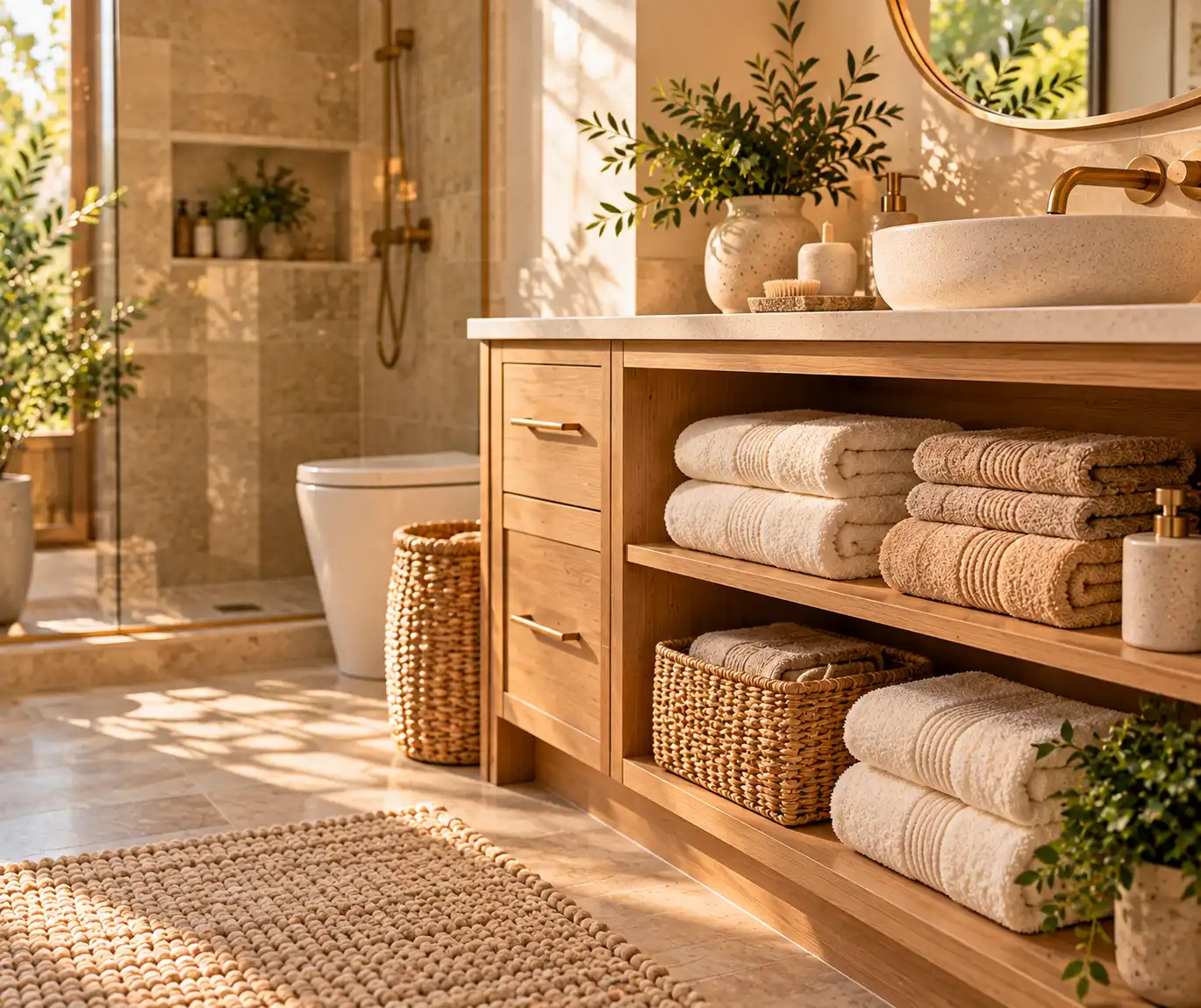 Soft cream and beige towels neatly arranged on an open shelf in a cozy bathroom.