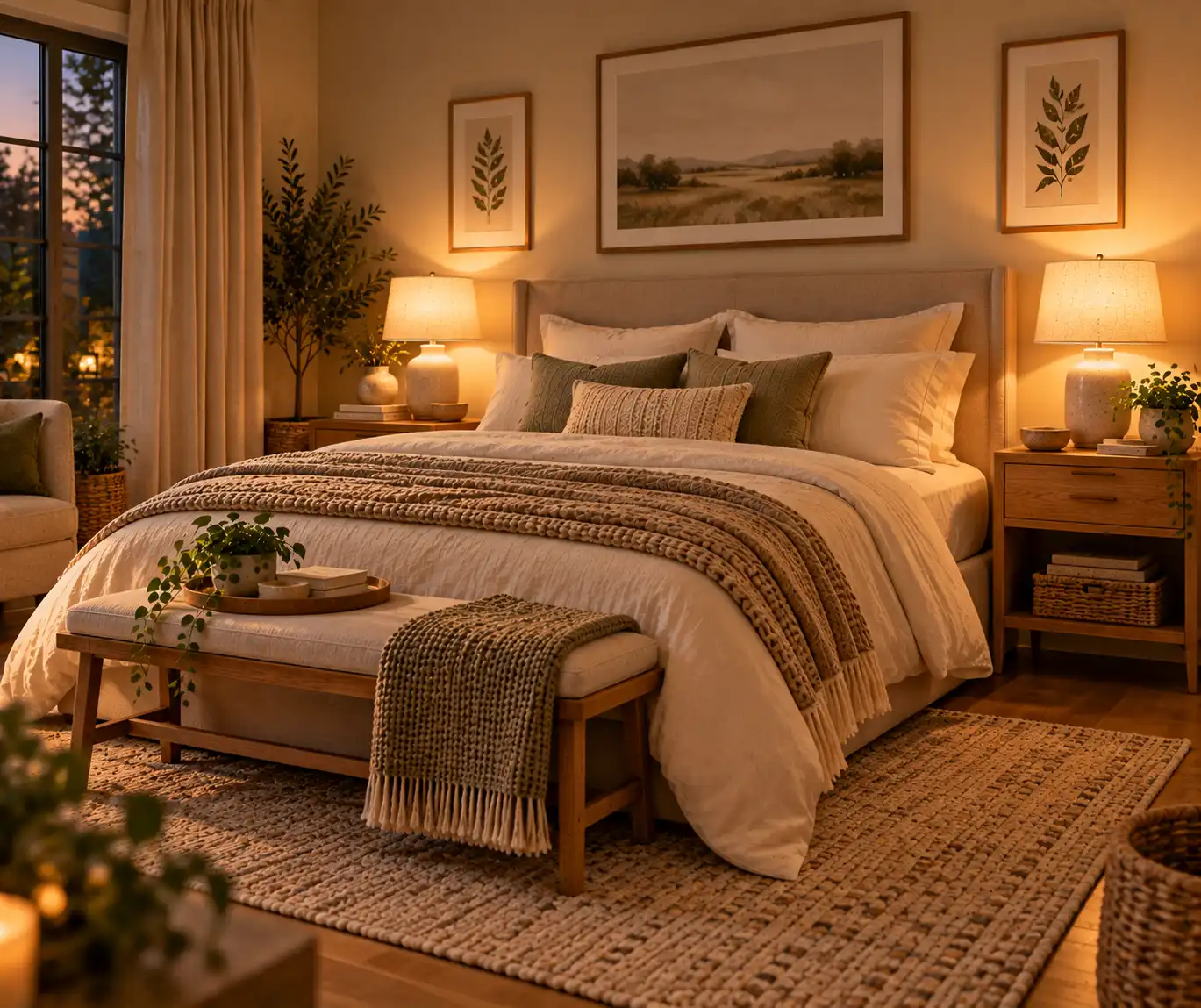 Cozy bedroom with warm bedside lamps, neutral bedding, and soft evening lighting.