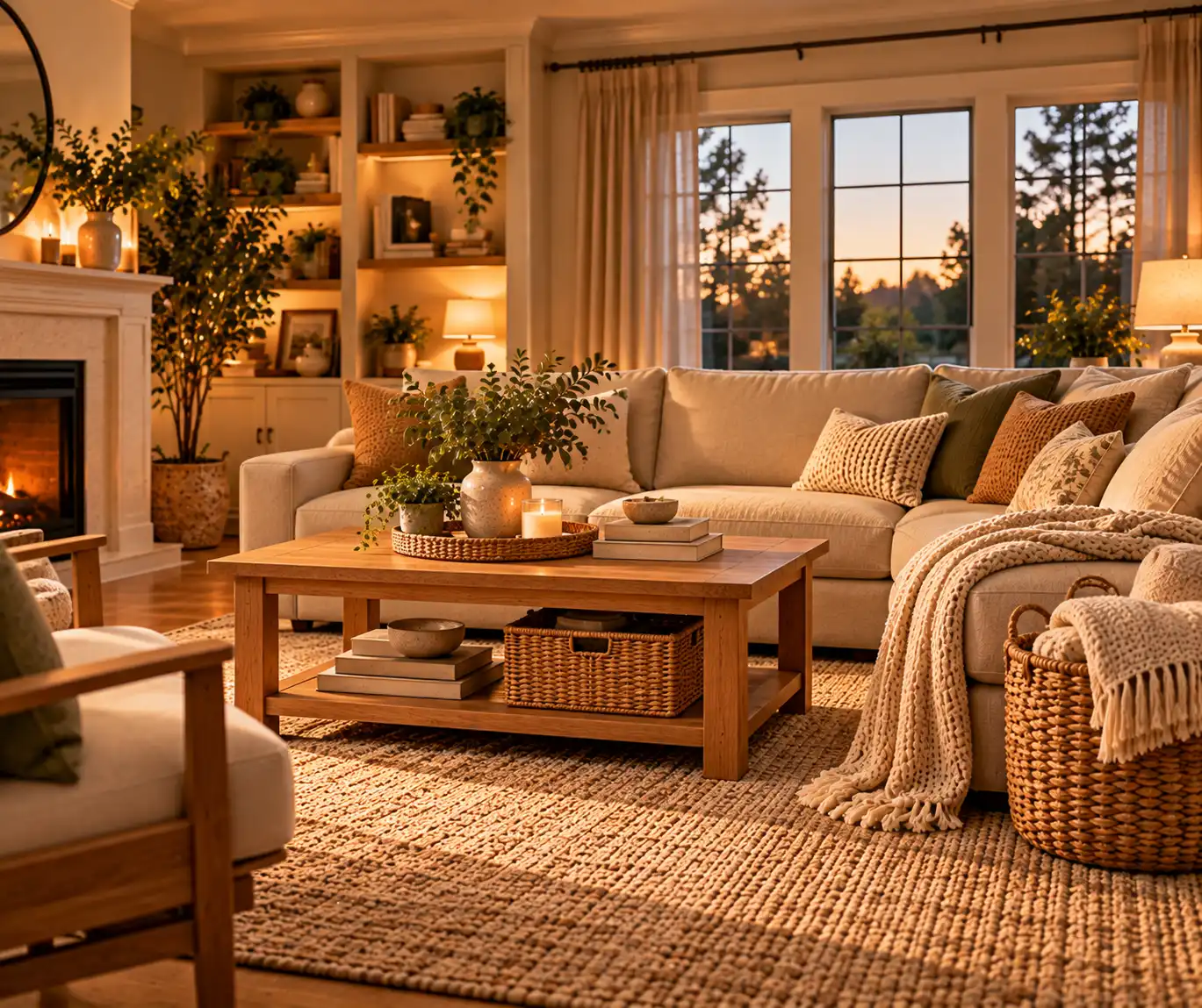 Neatly reset modern living room with baskets, books, and organized decor