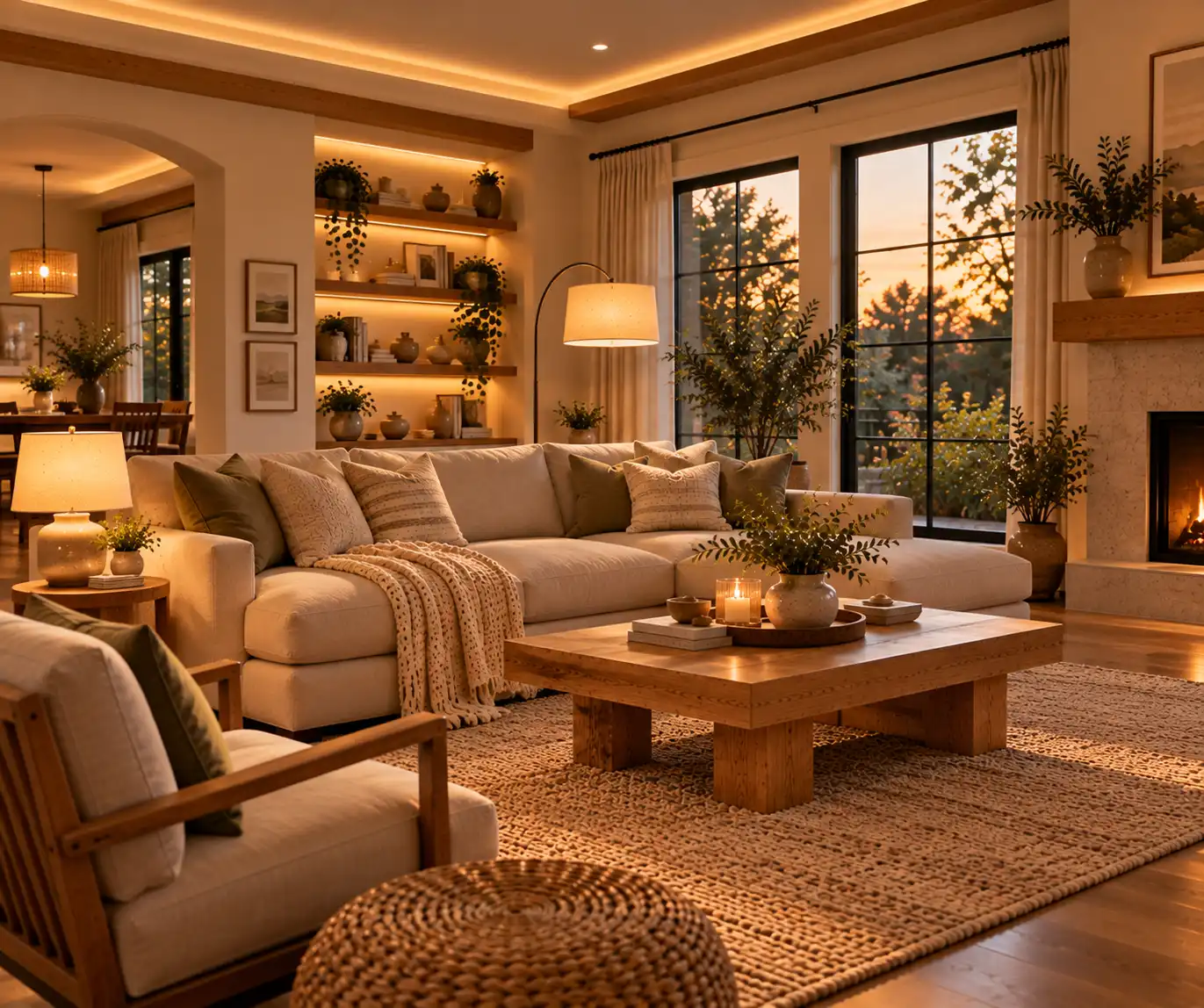 Modern living room with layered floor, table, and ambient lighting