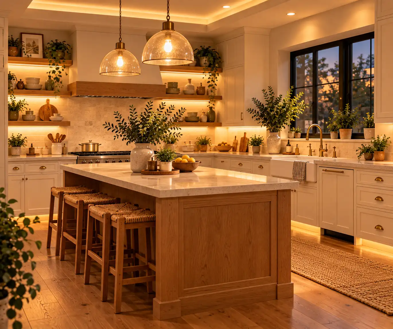 Cozy kitchen with layered pendant and under-cabinet lighting
