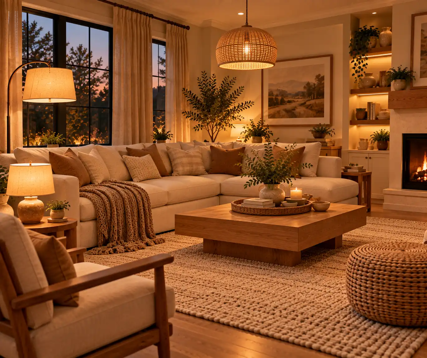 Cozy living room with layered warm lighting from floor, table, and ceiling lamps.