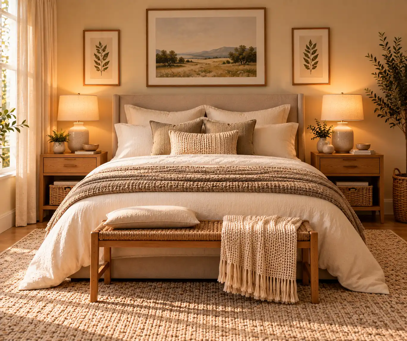 Simple bedroom nightstands with warm lamps, wood finishes, and minimal decor.