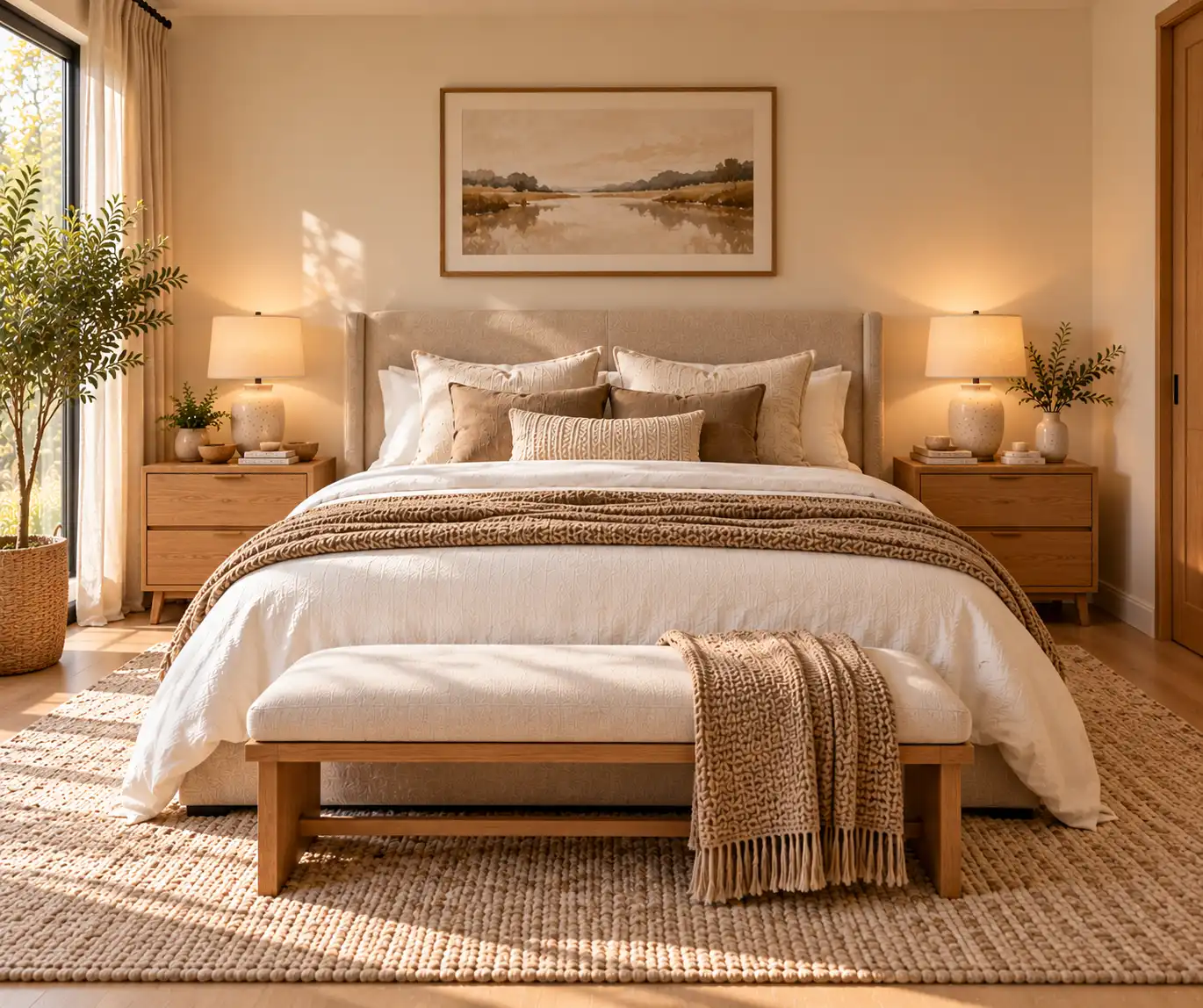 Clean modern bedroom with simple organized nightstands beside a neutral upholstered bed.