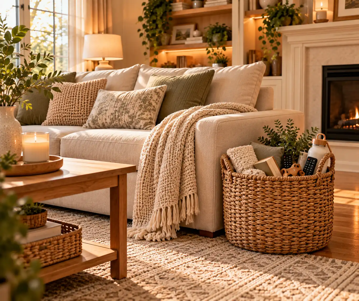 Woven catch-all basket used to collect items that belong in other rooms