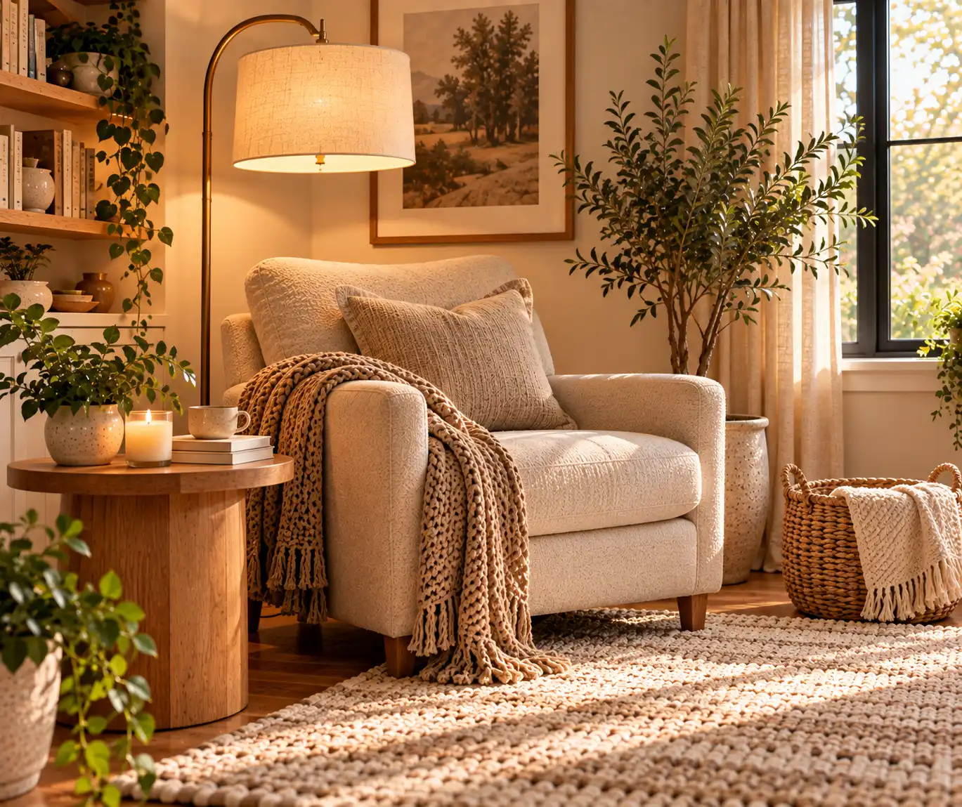 Cozy reading corner with an upholstered chair, floor lamp, books, and woven basket.