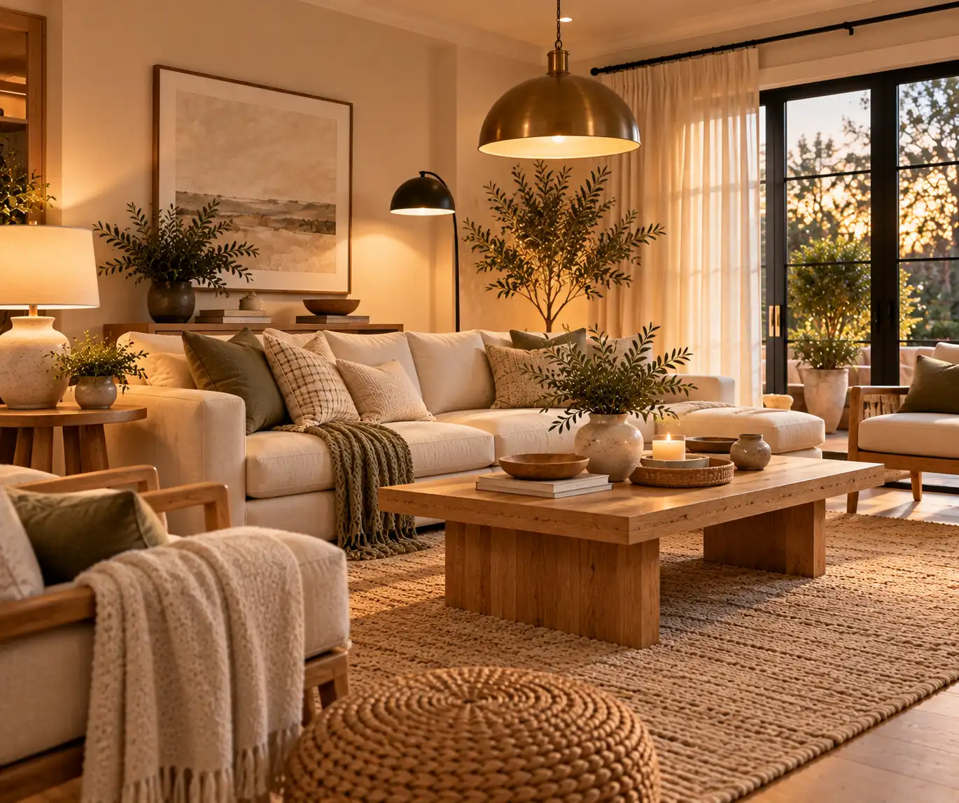 Modern living room with layered pendant, floor, and table lighting.