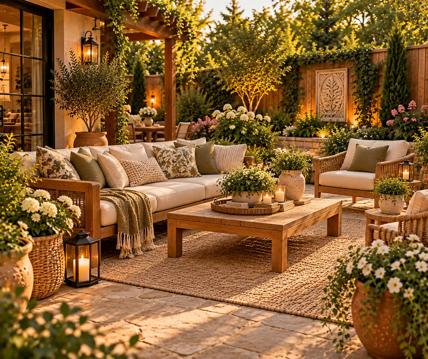 Cozy backyard with personalized outdoor cushions, planters, lanterns, greenery, and natural decor.