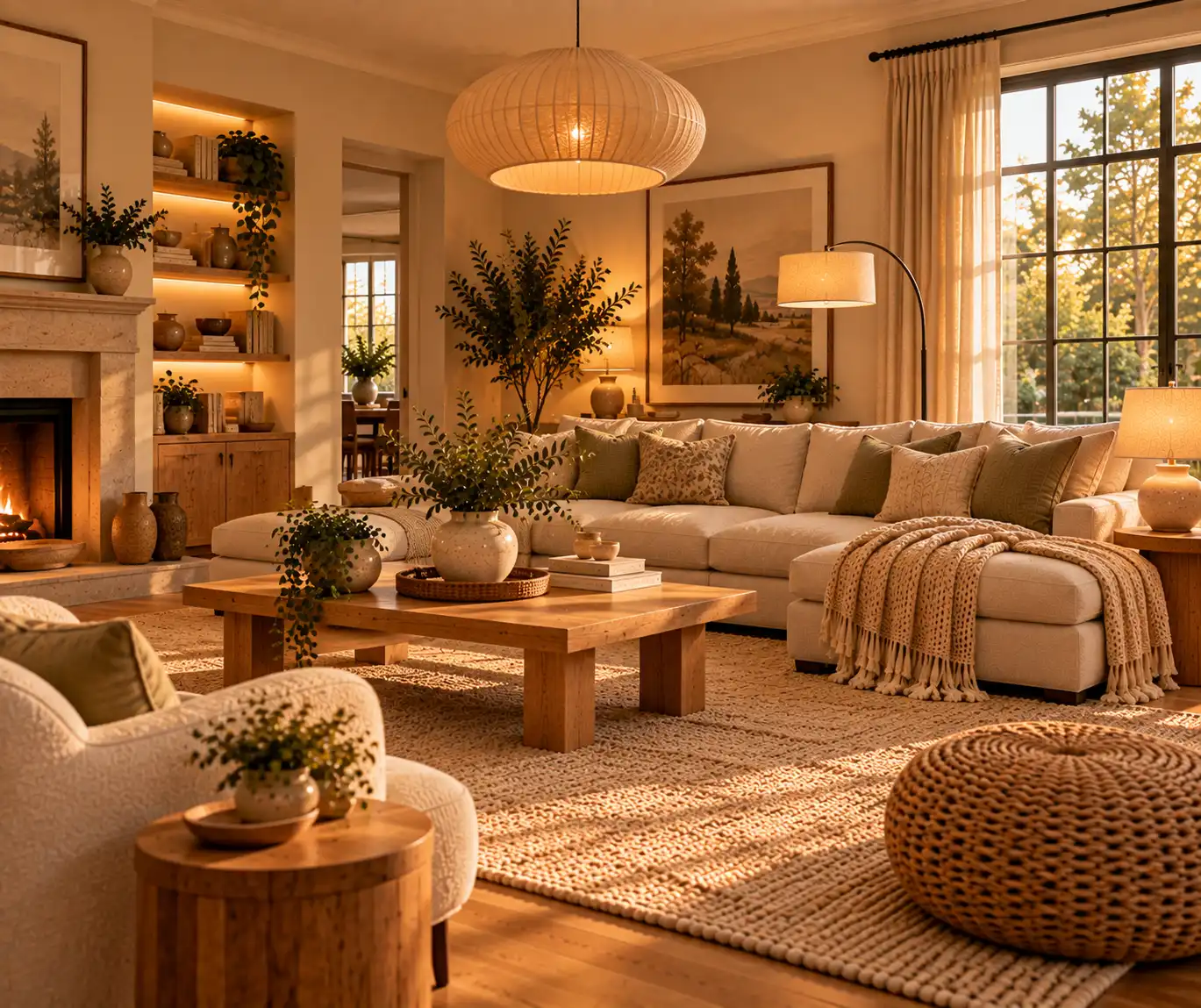 Modern living room with layered pendant, floor, and table lighting