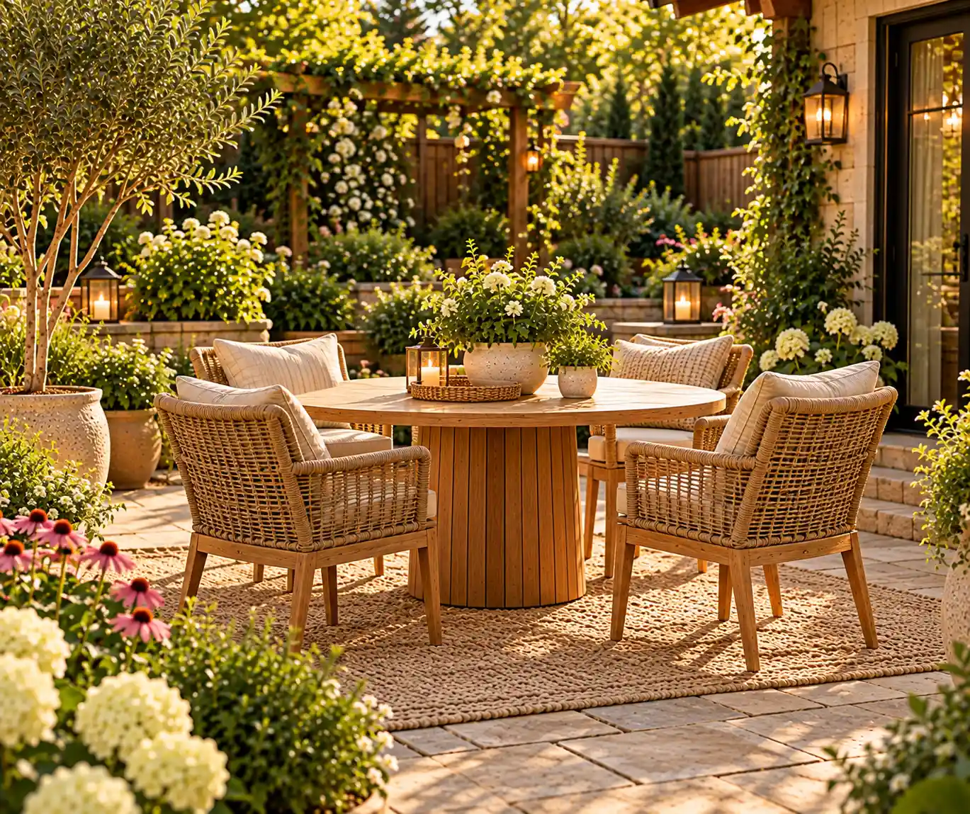 Cozy backyard dining area with a natural wood table, woven chairs, and garden greenery.