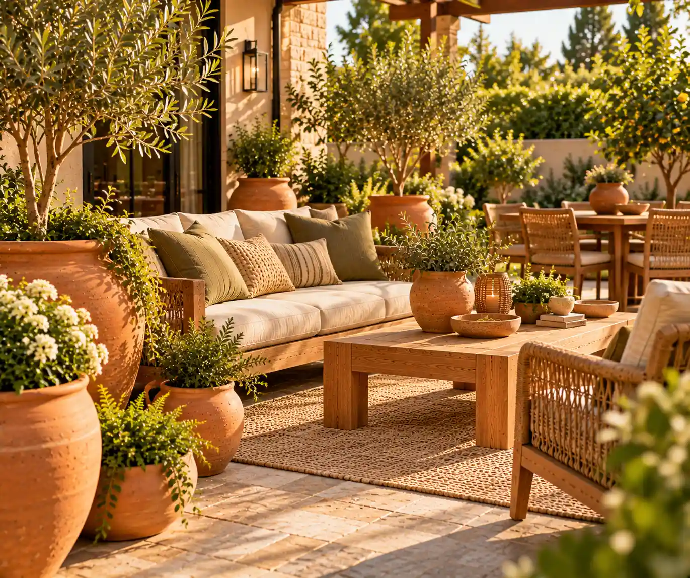 Backyard with terracotta planters, greenery, and earthy outdoor decor