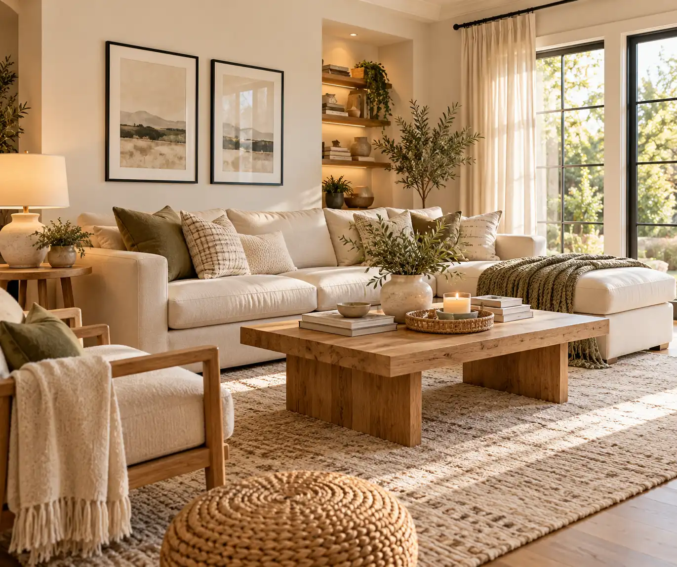 Modern living room with warm neutral colors, natural wood furniture, and soft layered textures.