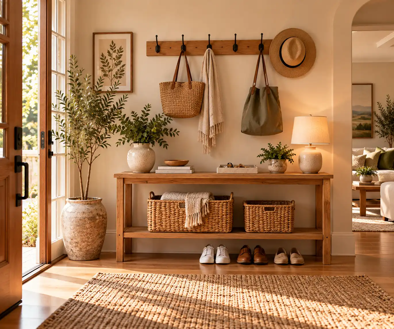 Organized entryway with baskets, hooks, and a small tray for everyday items