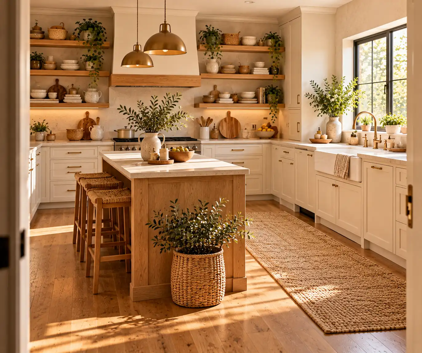 Cozy kitchen with natural wood shelves, cream cabinets, and warm neutral decor