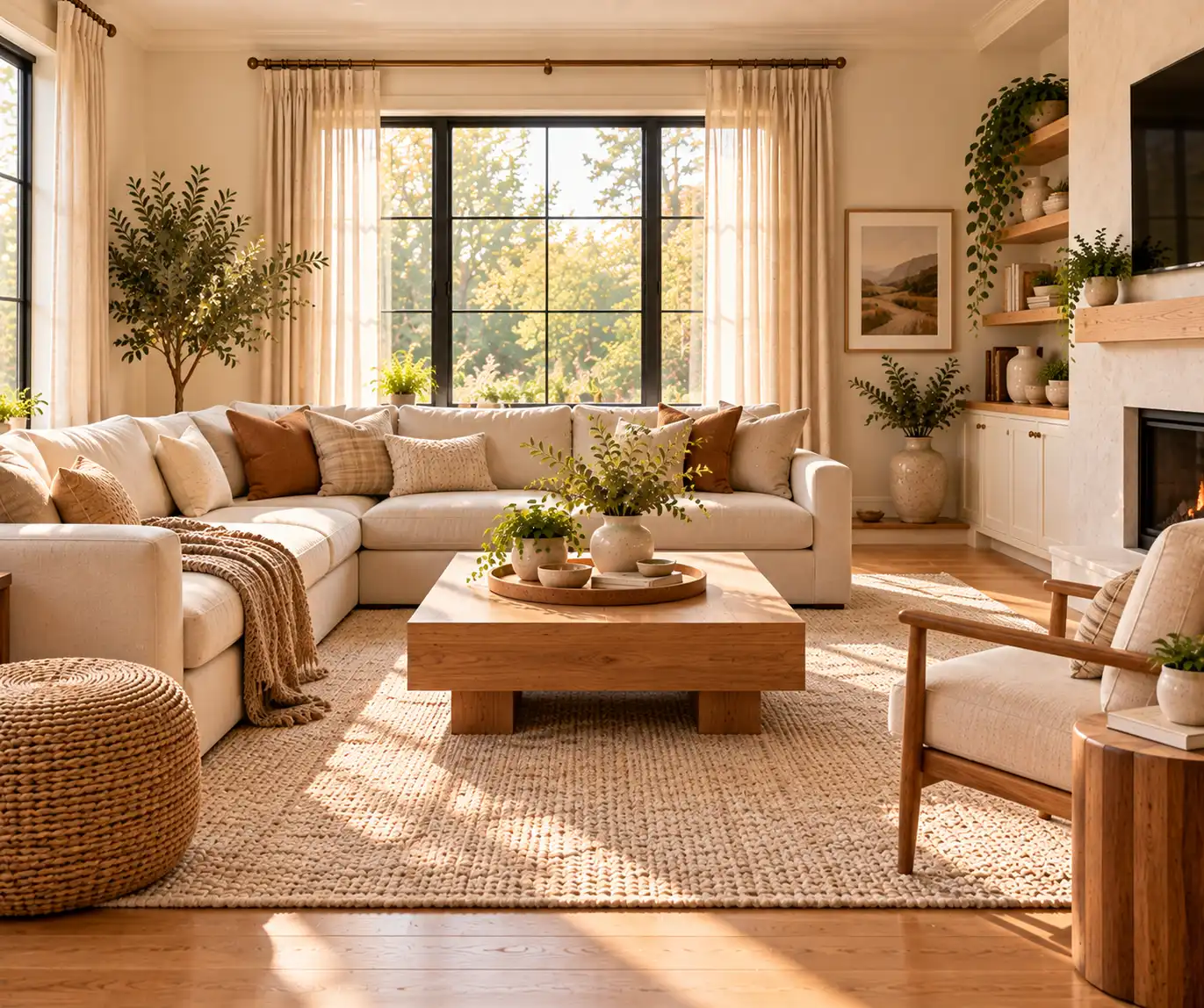 Cozy living room with warm neutral colors, soft textures, and natural wood furniture.