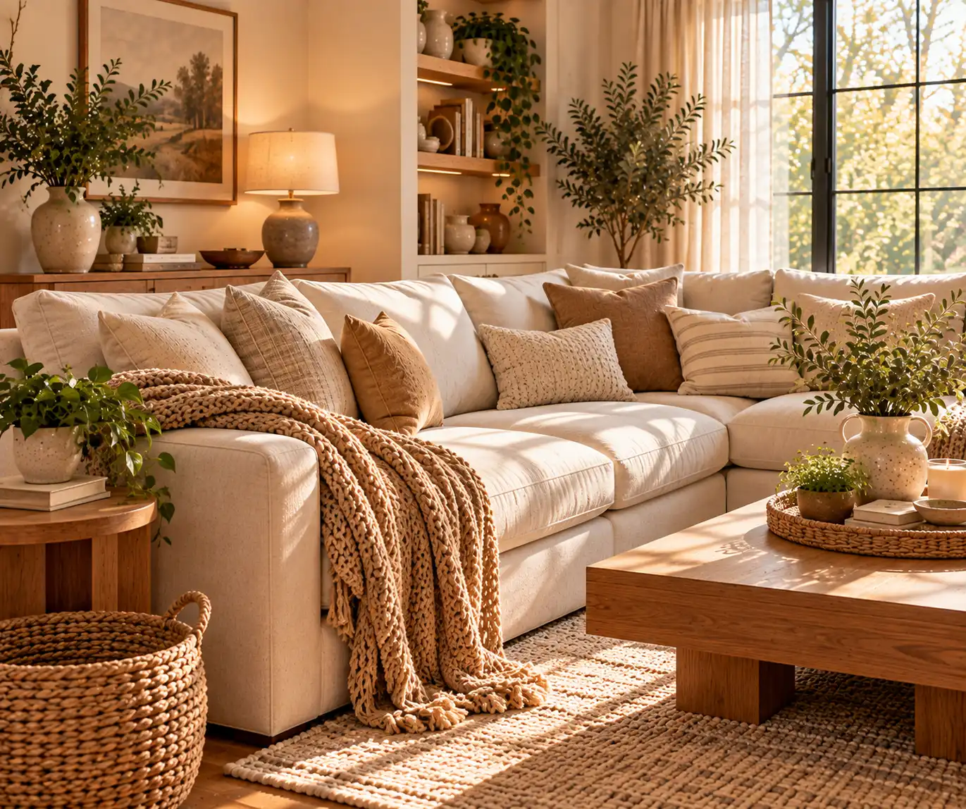Cream sofa layered with cozy cushions and a knitted throw in a warm living room.