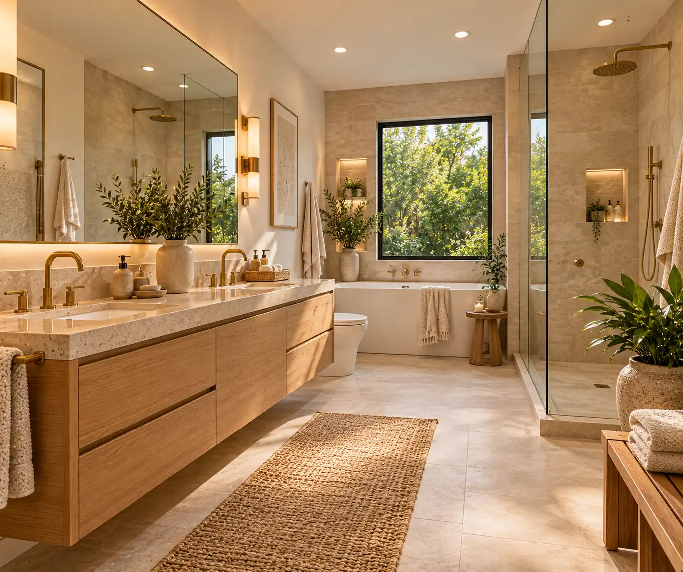 Sophisticated bathroom with warm white walls, beige tones, and natural wood vanity