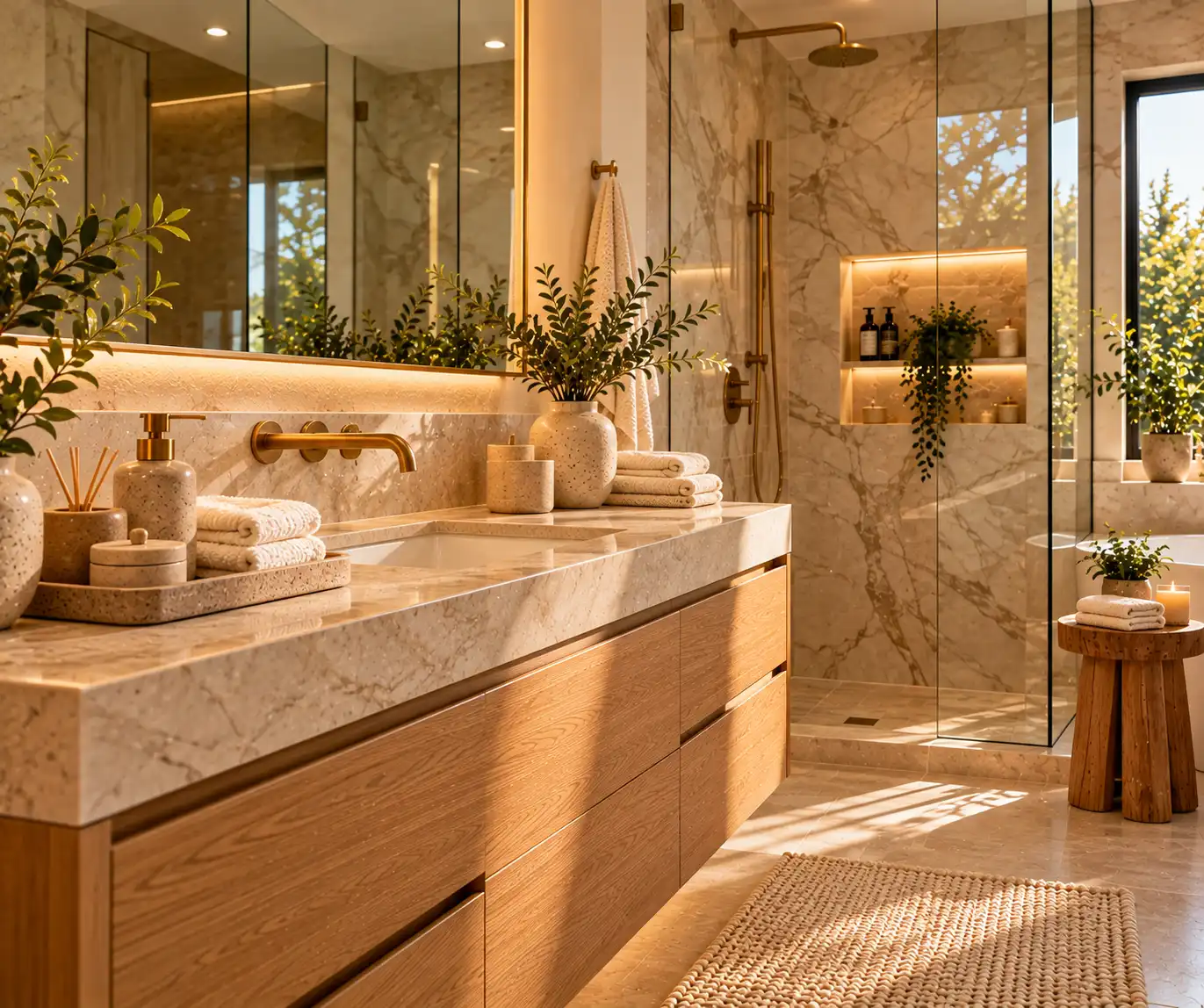 Elegant bathroom with marble-look tile, stone countertop, and natural wood vanity
