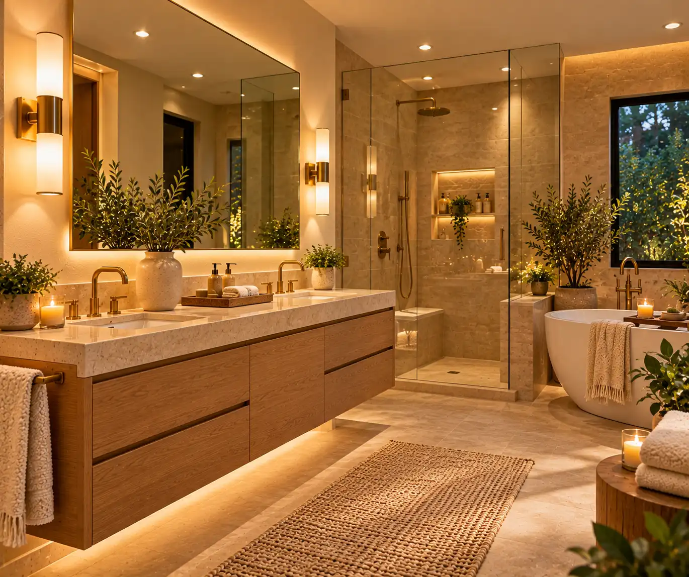 Elegant bathroom with wall sconces, warm lighting, and a floating wood vanity