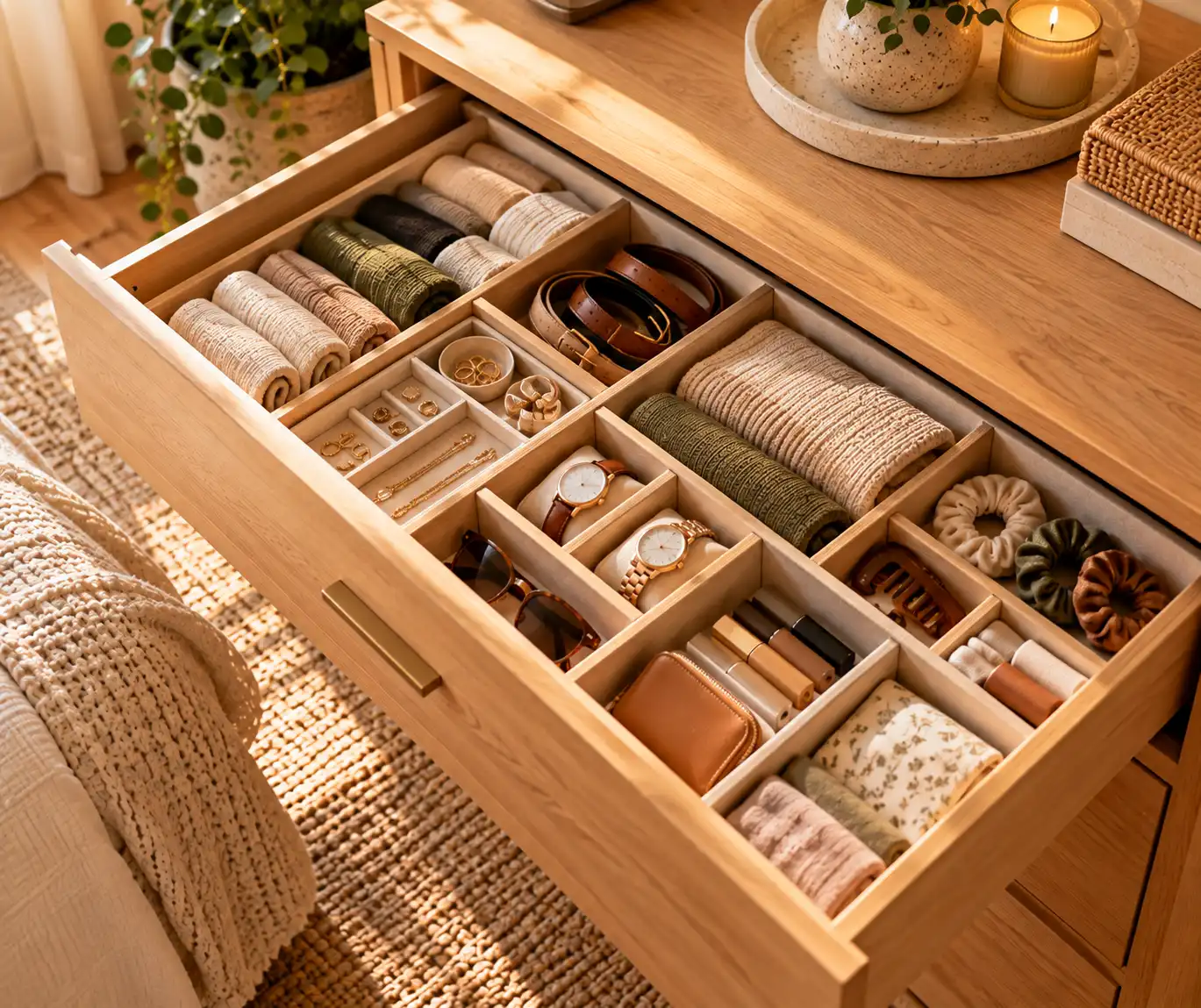 Organized bedroom drawer with simple dividers for small everyday items