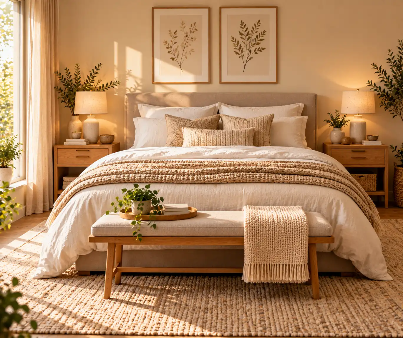 Cozy bedroom with layered cream bedding, soft pillows, and a textured throw blanket.