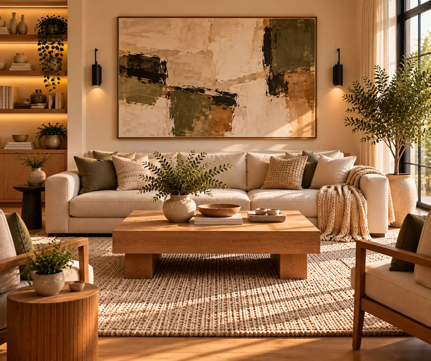 Modern living room with a large abstract artwork as the main focal point