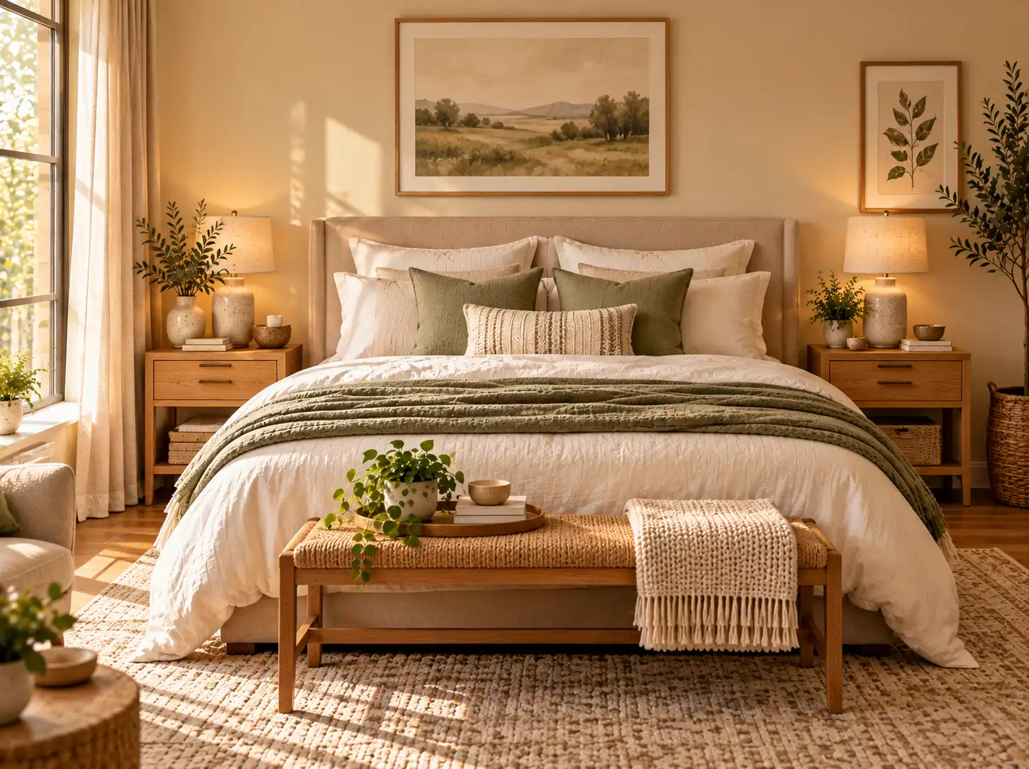 Calming bedroom decorated with cream, beige, sage green, and natural wood tones.
