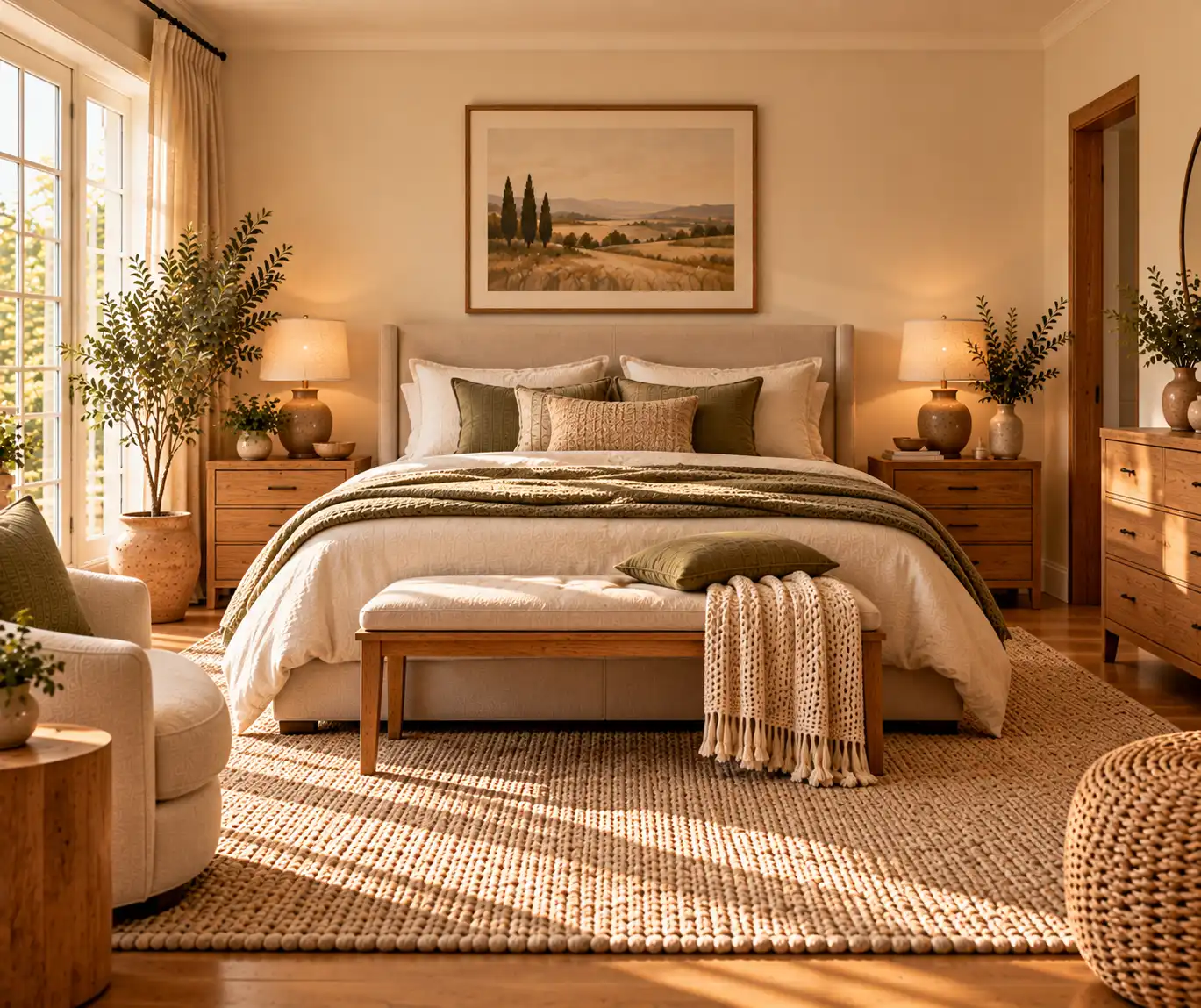 Modern bedroom with cream, beige, sage green, and earthy decor