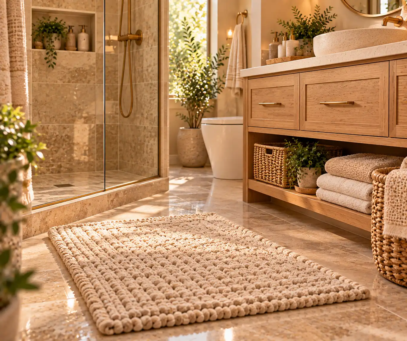 Soft textured cream bath mat beside a modern shower in a cozy bathroom.