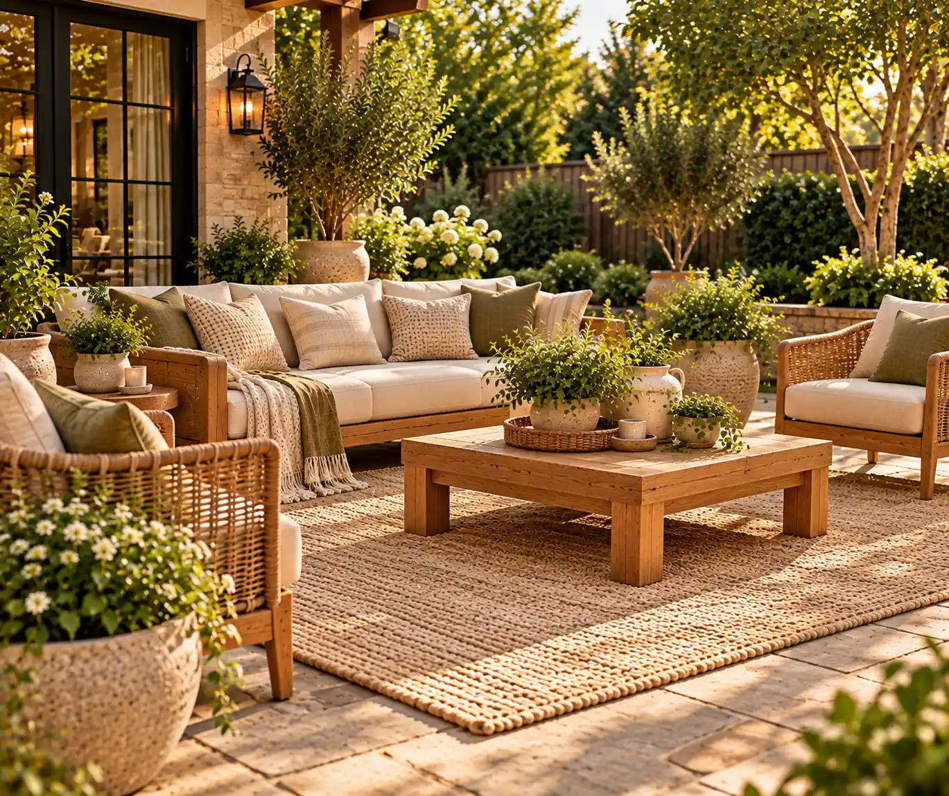 Neutral outdoor rug defining a comfortable seating area in a cozy backyard.