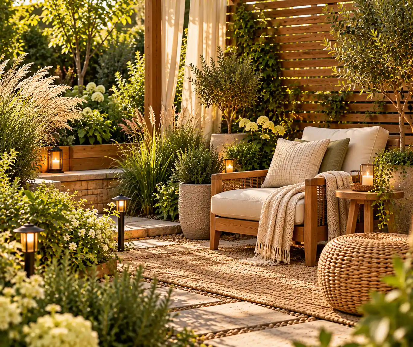 Private backyard seating nook surrounded by greenery and a natural wood privacy screen.