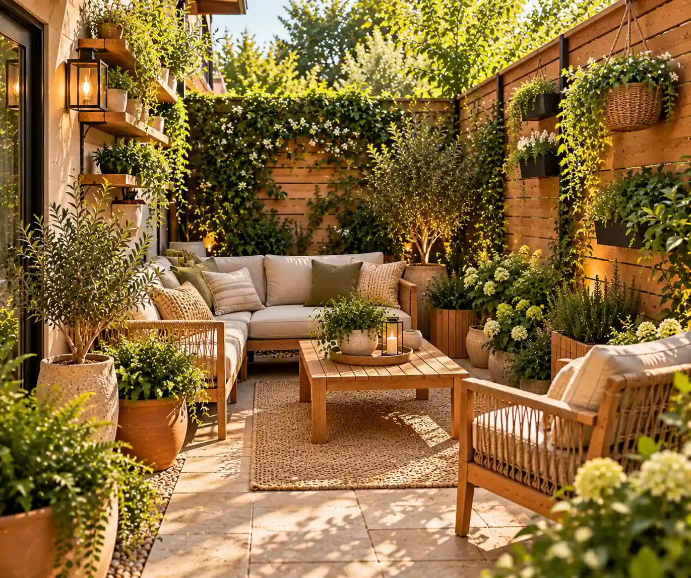 Small backyard using vertical planters, hanging baskets, and climbing greenery
