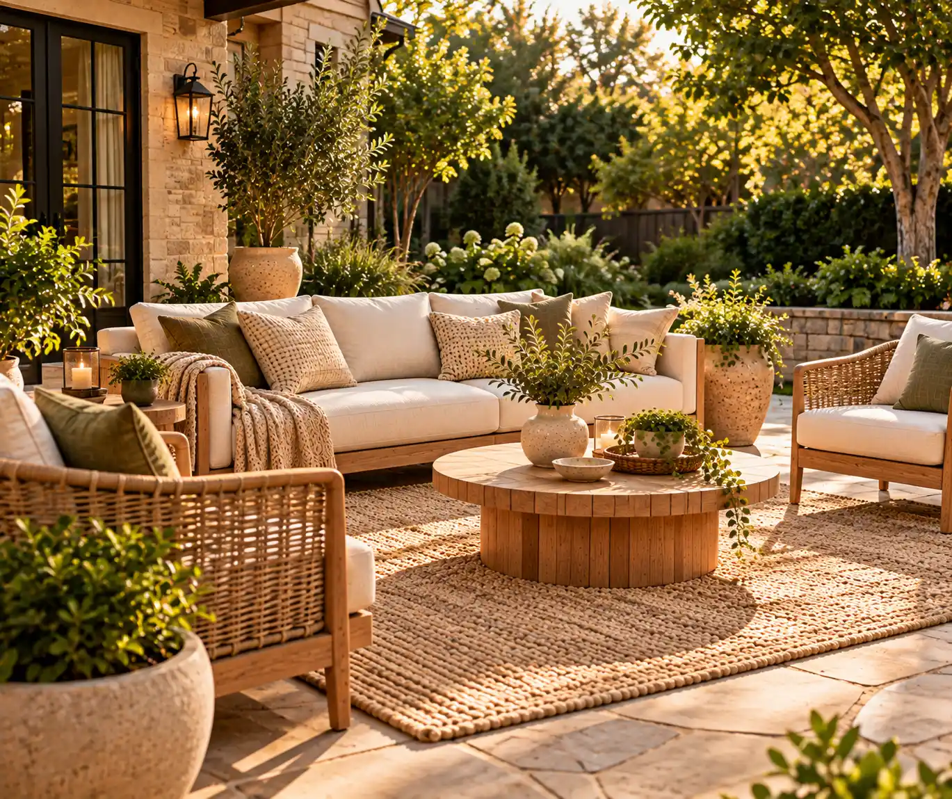 Cozy backyard seating area with a cream outdoor sofa, woven chairs, and natural greenery.