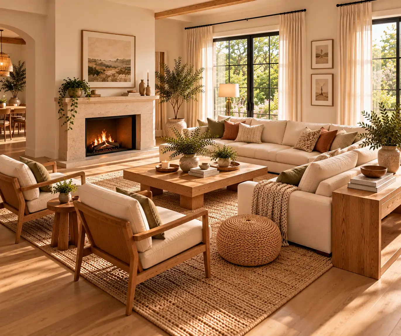 Well-arranged modern living room with balanced furniture and clear walking space.