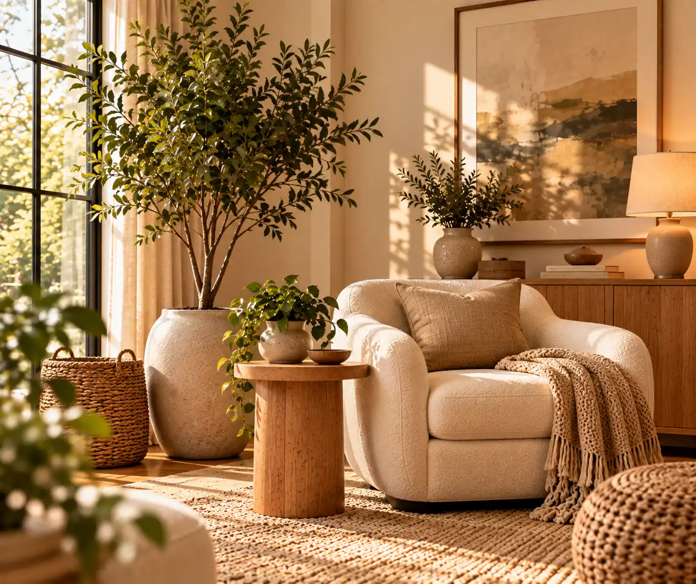 Modern home corner with indoor greenery and natural neutral decor