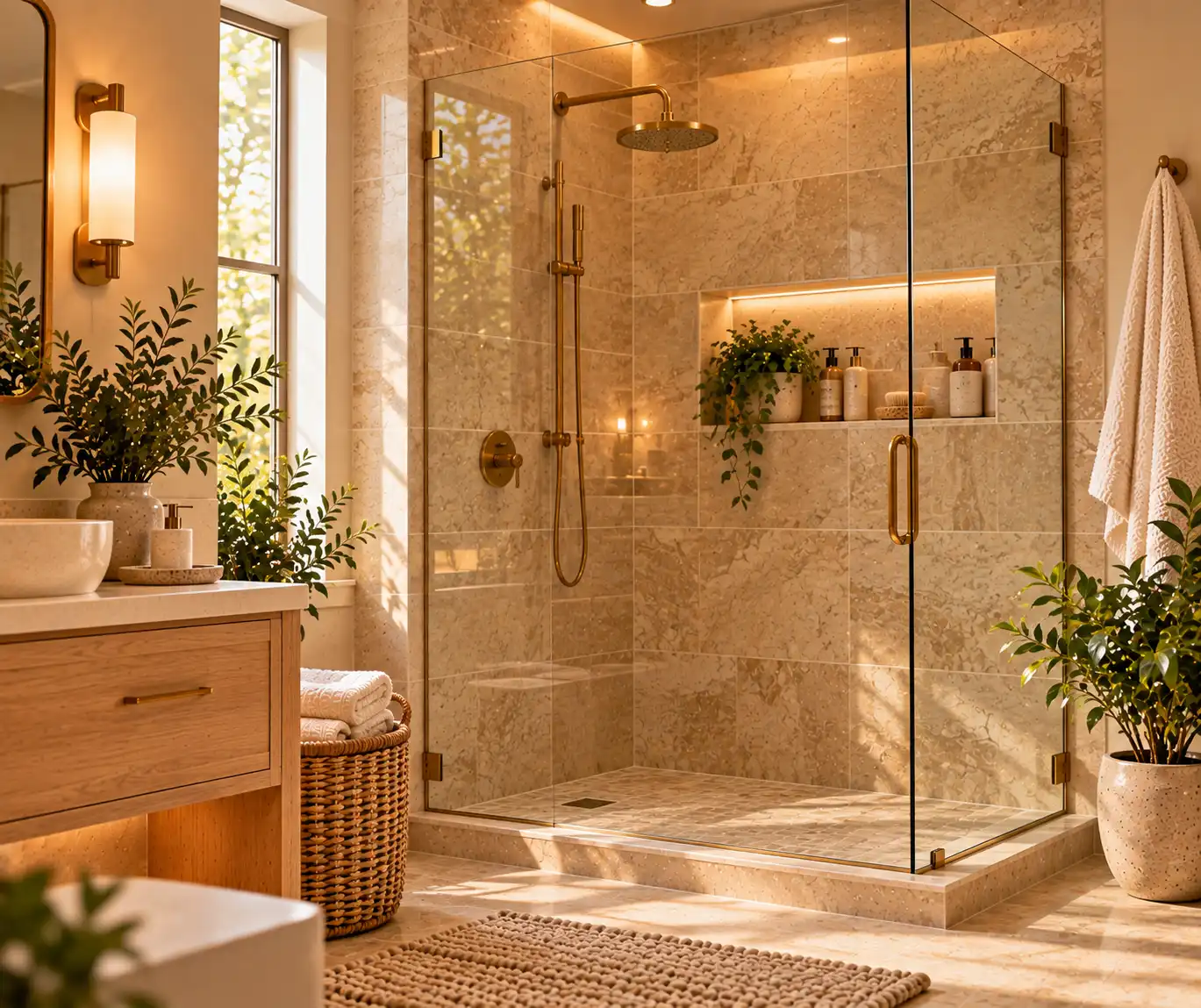 Calm spa-inspired shower area with warm stone tiles, glass enclosure, and simple decor.