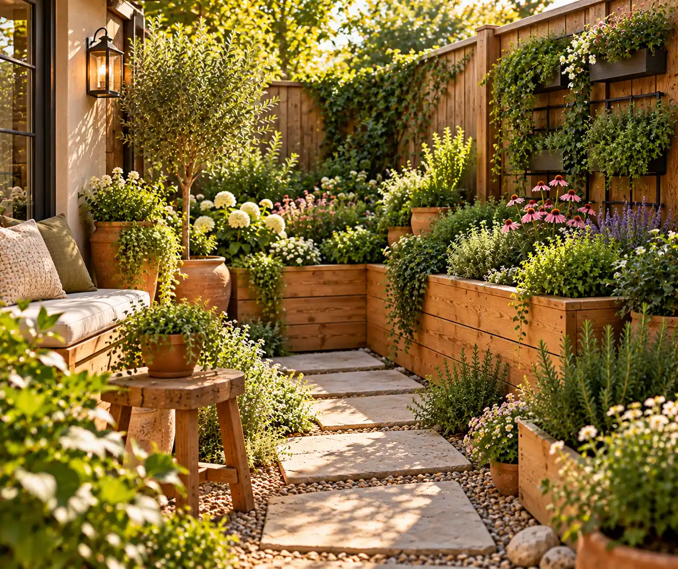 Small backyard garden corner with raised planters, flowers, herbs, and vertical greenery.
