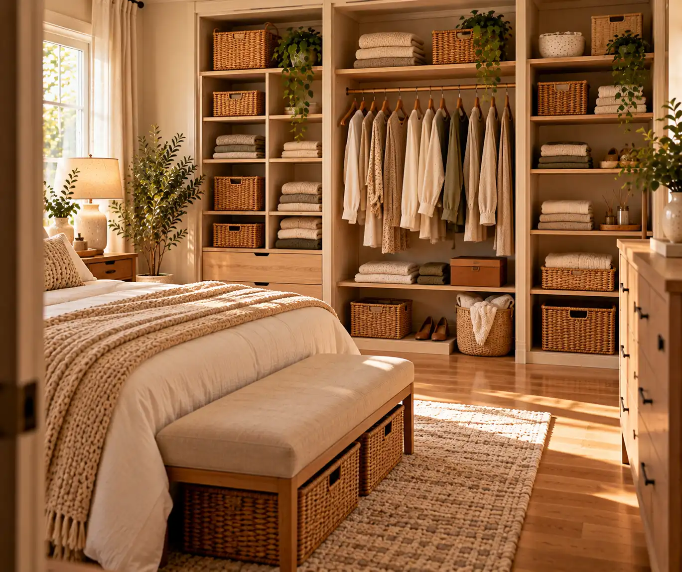 Decluttered bedroom storage with neatly folded clothes and simple baskets