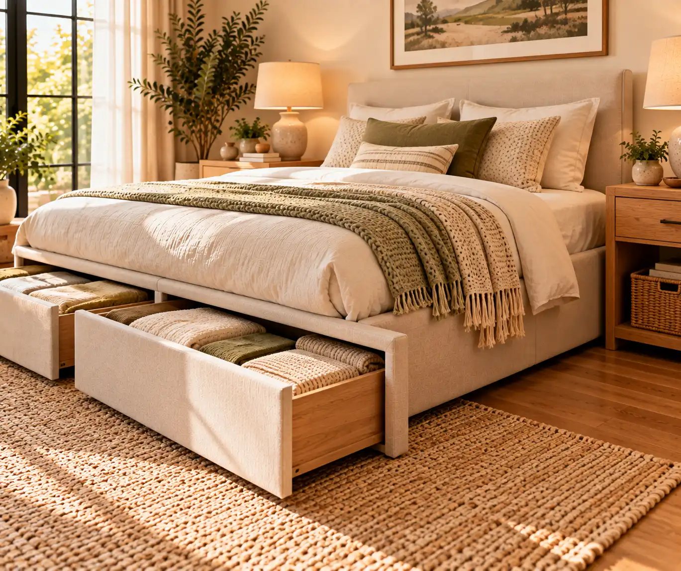 Modern bedroom with practical under-bed storage and neatly organized bedding.