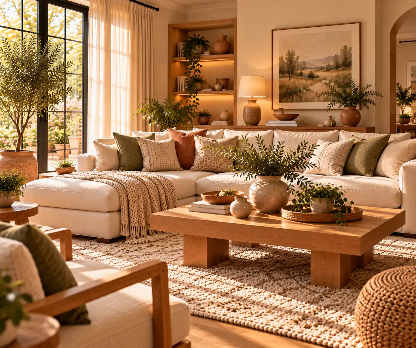 Modern living room with refreshed cushions, throw, rug, and neutral textiles.