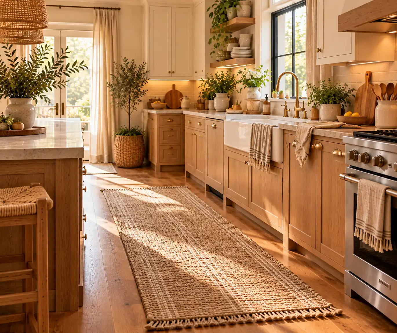 Cozy kitchen with a soft runner, linen textiles, and warm natural textures