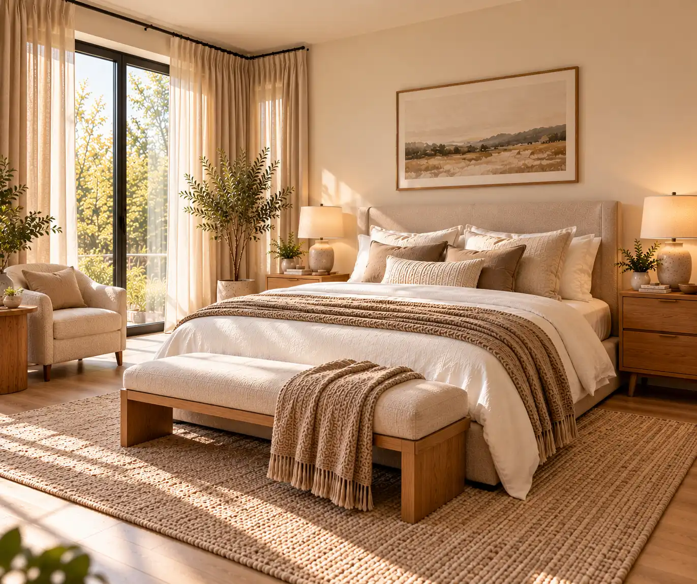 Modern bedroom with floor-length beige curtains, neutral bedding, and natural wood furniture.