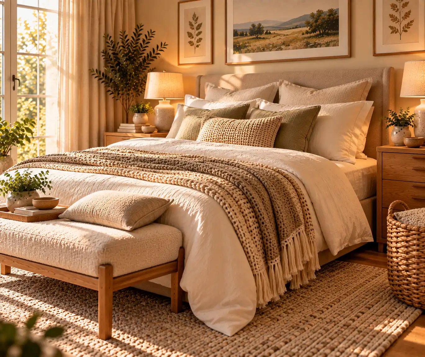 Cozy bedroom with layered bedding, knitted textures, linen pillows, and natural wood.