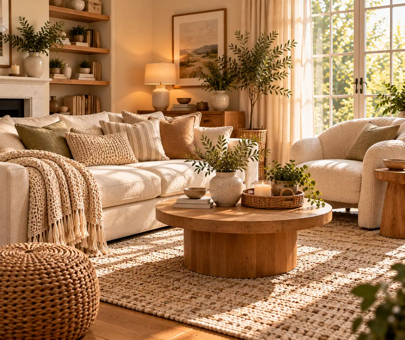 Cozy sitting area with layered cushions, throws, woven textures, and soft furnishings