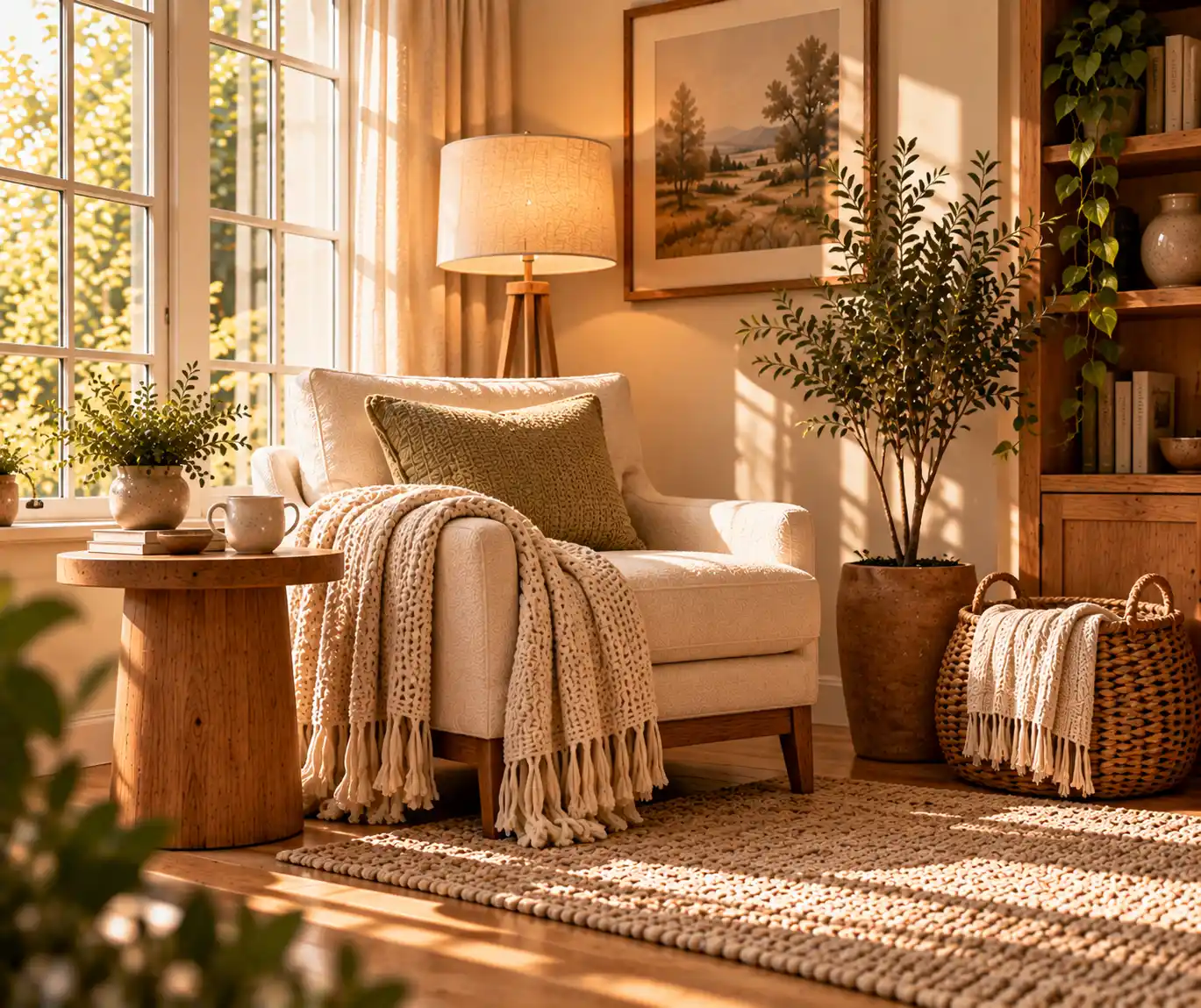 Cozy reading corner with an armchair, floor lamp, woven basket, and soft rug